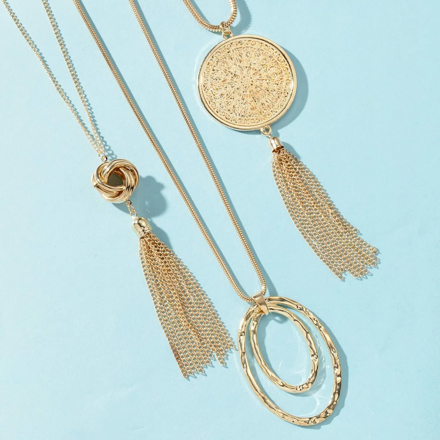 SEVENSTONE 3PCS Long Pendant Necklaces for Women Knot Disk Circle Tassel Statement Sweater Necklace Set