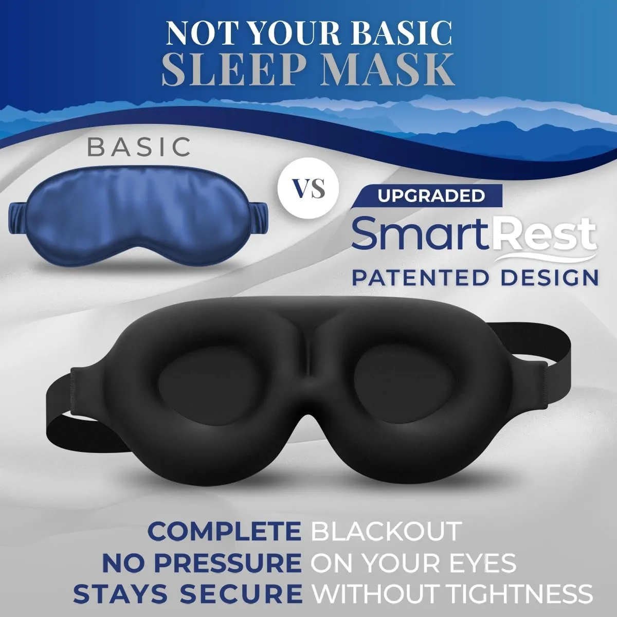 Sleep Mask [2 Pack] - Eye Mask for Sleeping - Patented, Contoured, 100% Blackout, Zero Pressure Sleeping Masks for Women and Men, Blindfold and Eye Covers - S2 Black