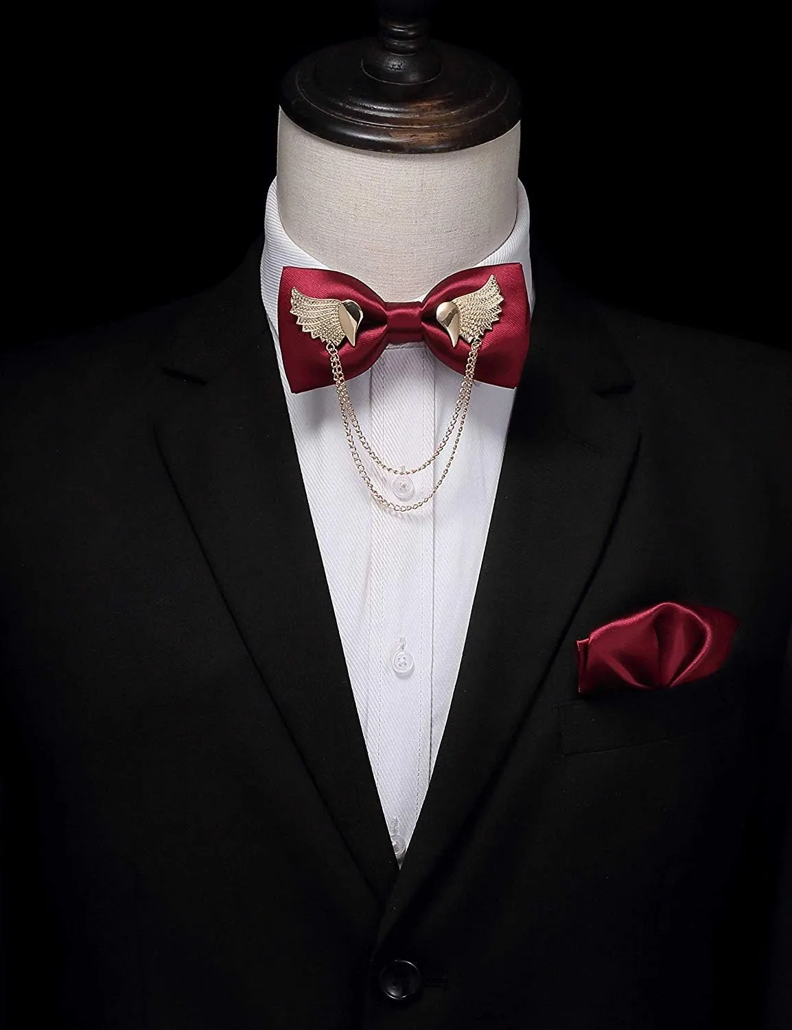 Solid Bow Tie Metal Golden Wing Bowties Hanky Set Tuxedo Banquet Neck Tie
