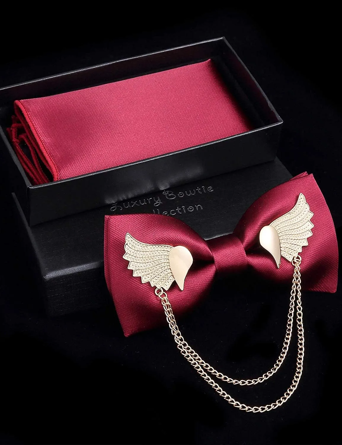 Solid Bow Tie Metal Golden Wing Bowties Hanky Set Tuxedo Banquet Neck Tie