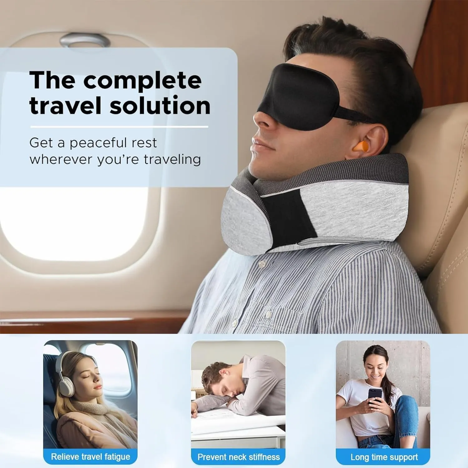 Travel Neck Pillow, Best Memory Foam Airplane Pillow for Head Support Soft Adjustable Pillow for Plane, Car & Home Recliner Use (Grey1)