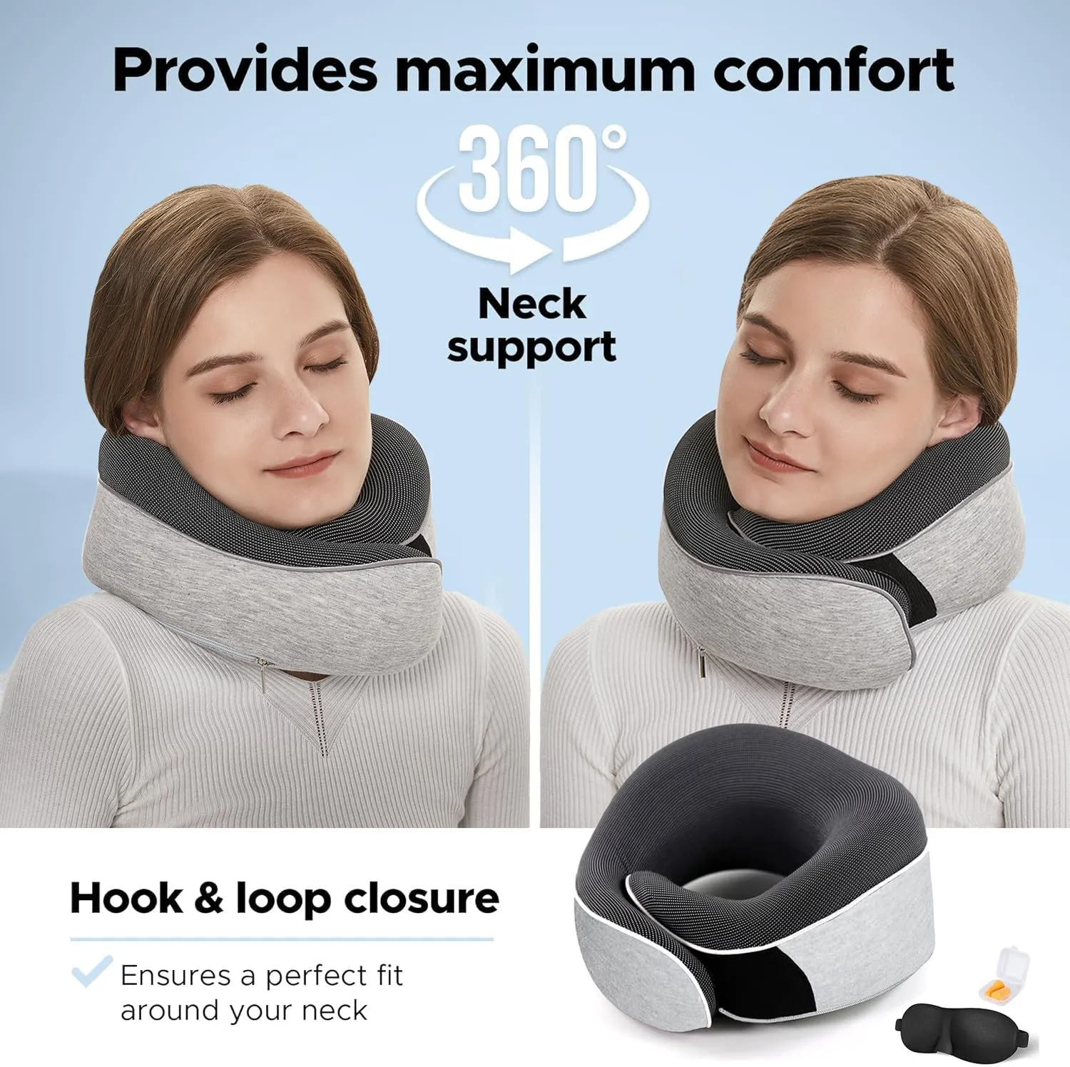 Travel Neck Pillow, Best Memory Foam Airplane Pillow for Head Support Soft Adjustable Pillow for Plane, Car & Home Recliner Use (Grey1)