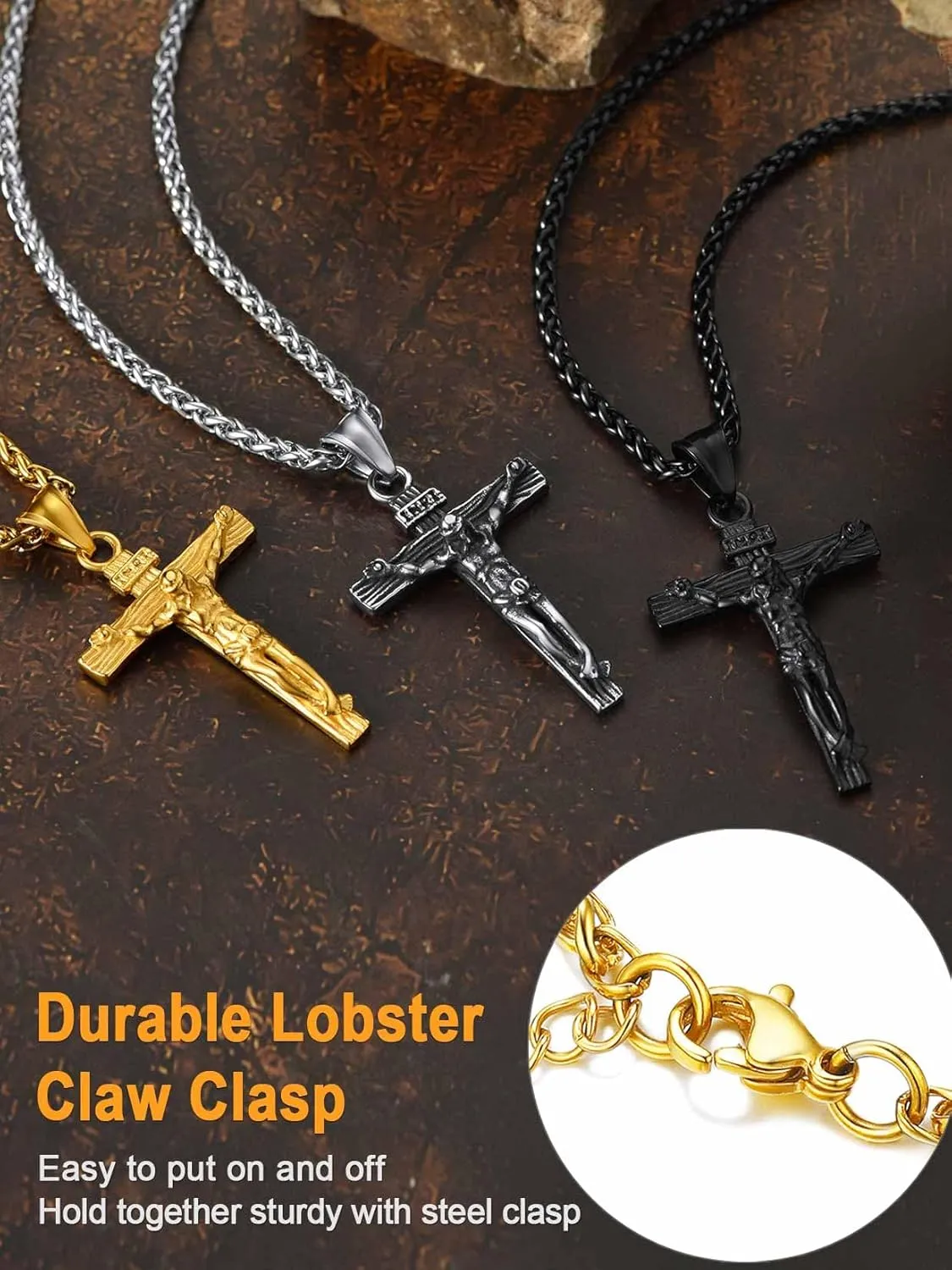 U7 Men Crucifix Cross Pendant with Chain Baptism Christian Jewelry Stainless Steel/18K Gold Antique Jesus Necklace, Gift Packed,Length 22"