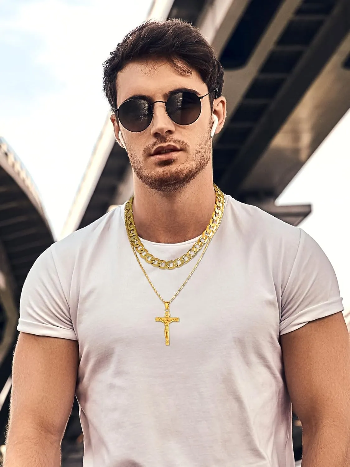 U7 Men Crucifix Cross Pendant with Chain Baptism Christian Jewelry Stainless Steel/18K Gold Antique Jesus Necklace, Gift Packed,Length 22"