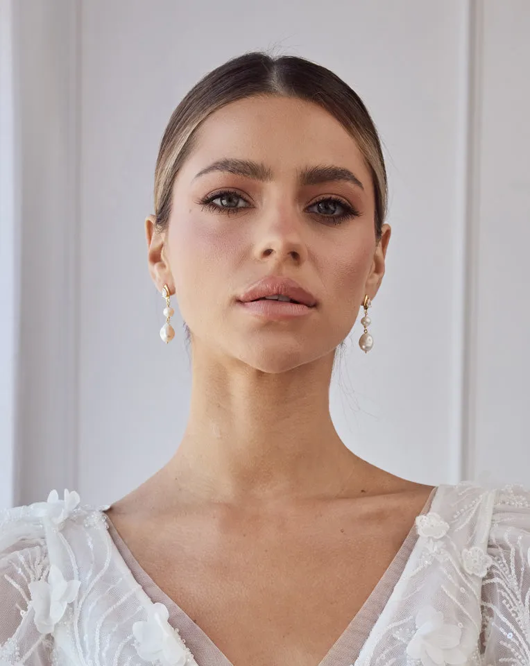 wedding earrings - dainty freshwater pearl with pear crystal stud - Lulu by Lola Knight