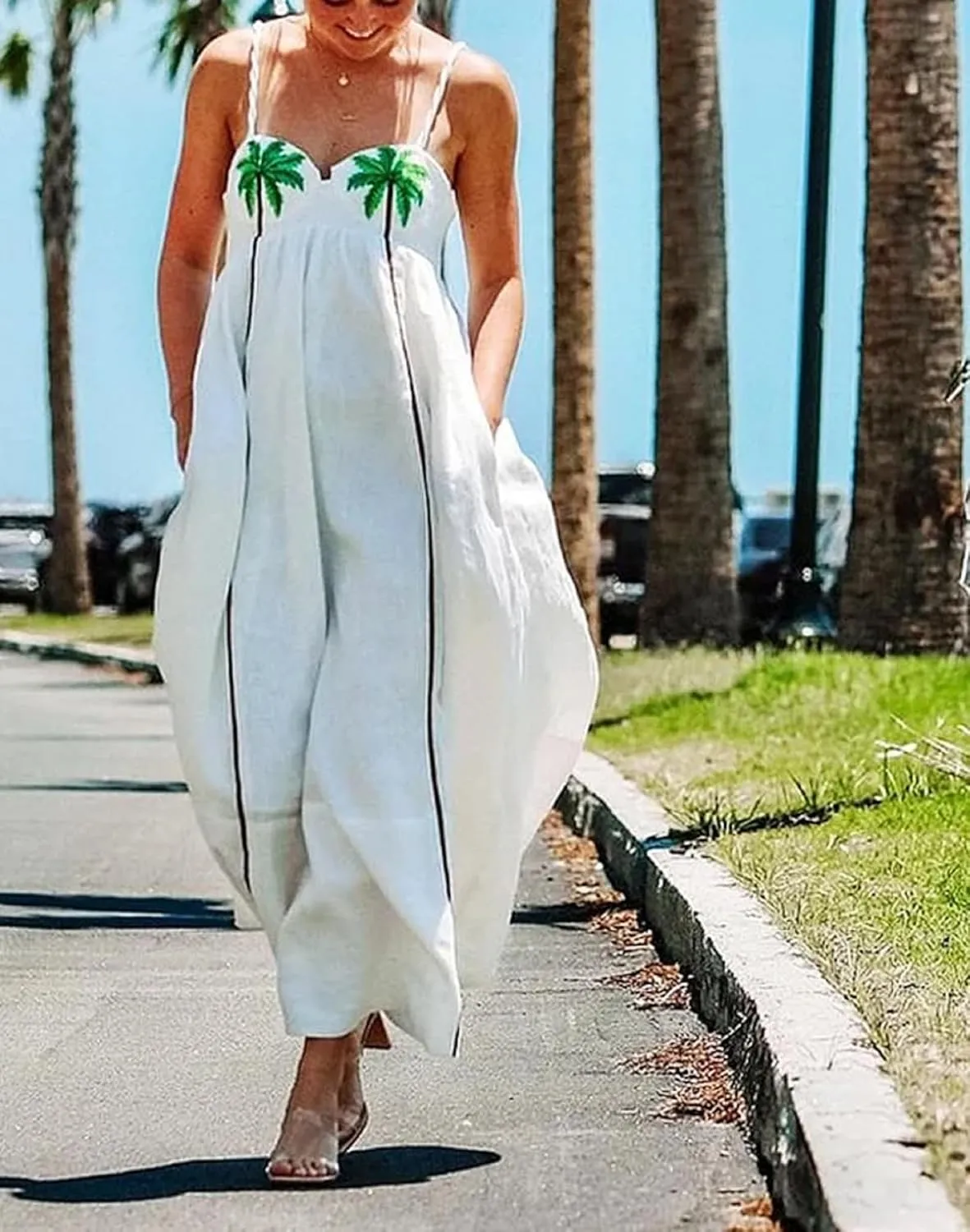 Women Bohemian Spaghetti Strap Beach Long Dress Sleeveless Graphic Flowy Maxi Dress Y2K Floral Tiered Holiday Sundress