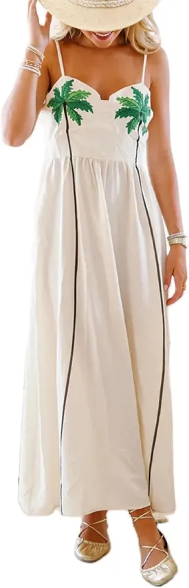 Women Bohemian Spaghetti Strap Beach Long Dress Sleeveless Graphic Flowy Maxi Dress Y2K Floral Tiered Holiday Sundress
