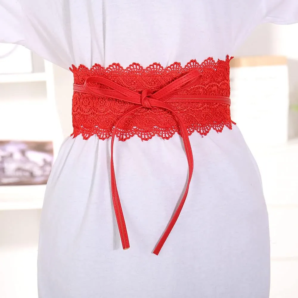 Women's 2 Packs Lace Waist Belt Bow Tie Wrap Around Soft Leather Boho Corset Fashion Elegant for Dresses