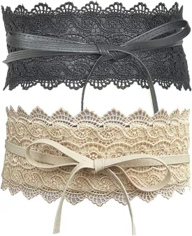 Women's 2 Packs Lace Waist Belt Bow Tie Wrap Around Soft Leather Boho Corset Fashion Elegant for Dresses