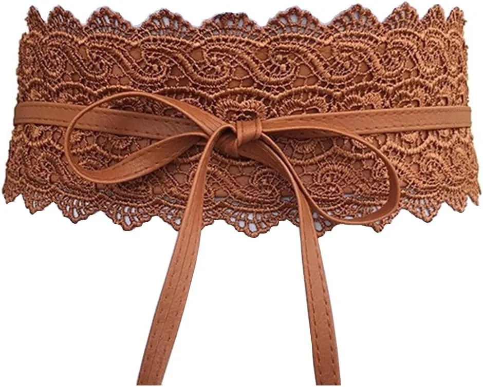 Women's 2 Packs Lace Waist Belt Bow Tie Wrap Around Soft Leather Boho Corset Fashion Elegant for Dresses