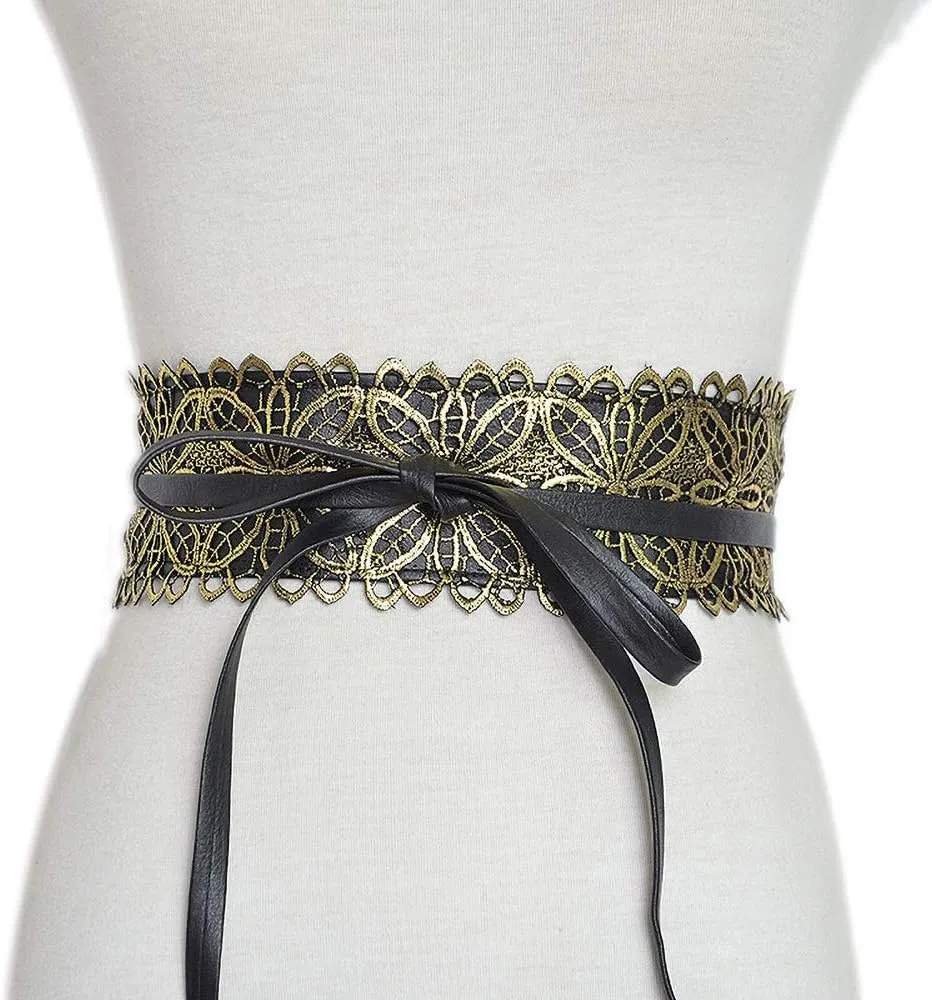 Women's 2 Packs Lace Waist Belt Bow Tie Wrap Around Soft Leather Boho Corset Fashion Elegant for Dresses
