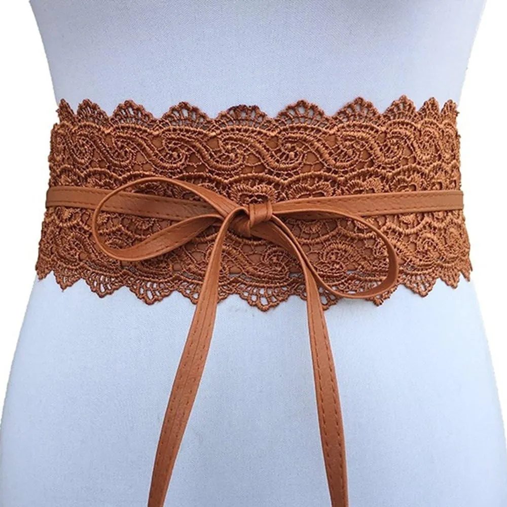 Women's 2 Packs Lace Waist Belt Bow Tie Wrap Around Soft Leather Boho Corset Fashion Elegant for Dresses
