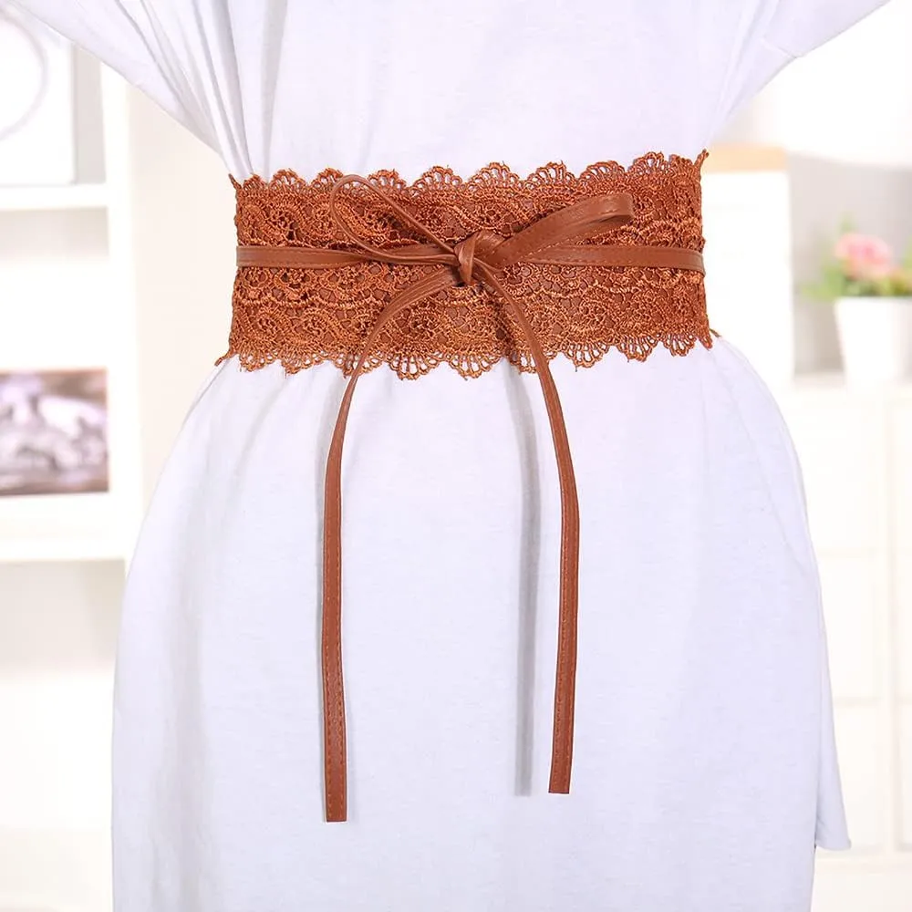 Women's 2 Packs Lace Waist Belt Bow Tie Wrap Around Soft Leather Boho Corset Fashion Elegant for Dresses