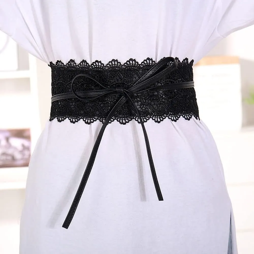 Women's 2 Packs Lace Waist Belt Bow Tie Wrap Around Soft Leather Boho Corset Fashion Elegant for Dresses