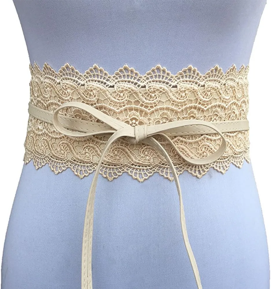 Women's 2 Packs Lace Waist Belt Bow Tie Wrap Around Soft Leather Boho Corset Fashion Elegant for Dresses