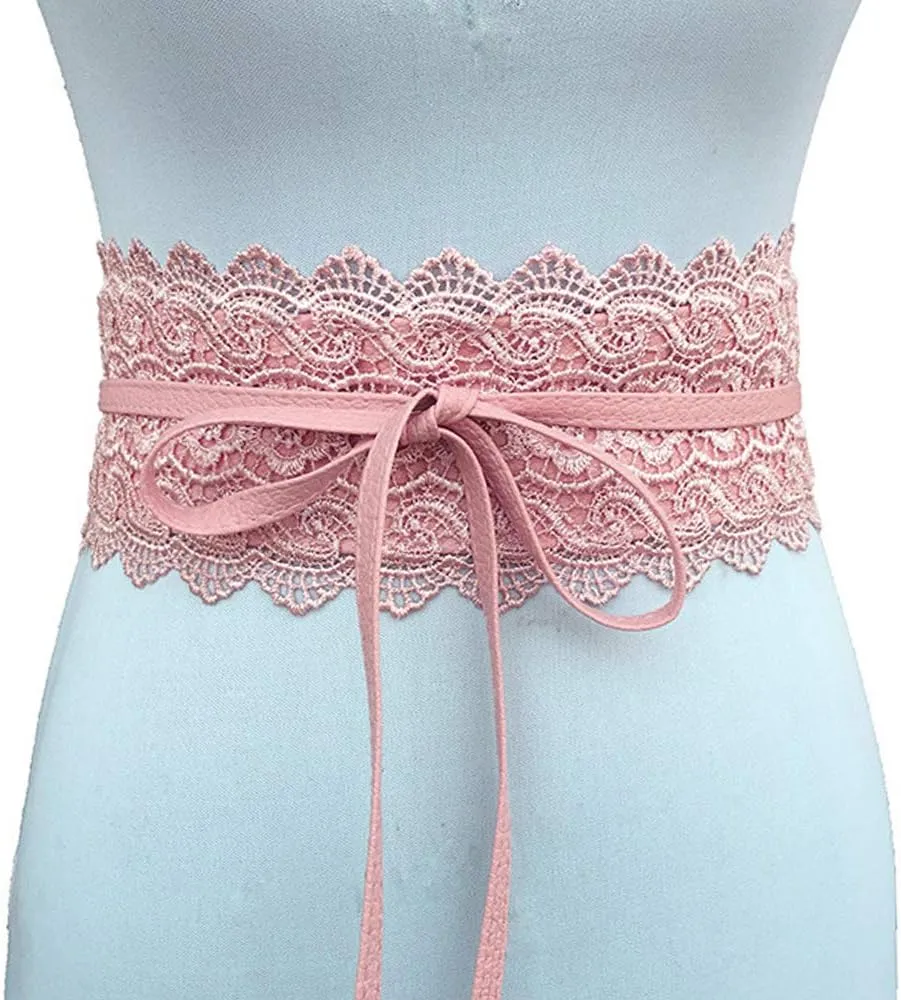 Women's 2 Packs Lace Waist Belt Bow Tie Wrap Around Soft Leather Boho Corset Fashion Elegant for Dresses