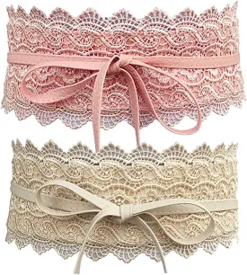 Women's 2 Packs Lace Waist Belt Bow Tie Wrap Around Soft Leather Boho Corset Fashion Elegant for Dresses