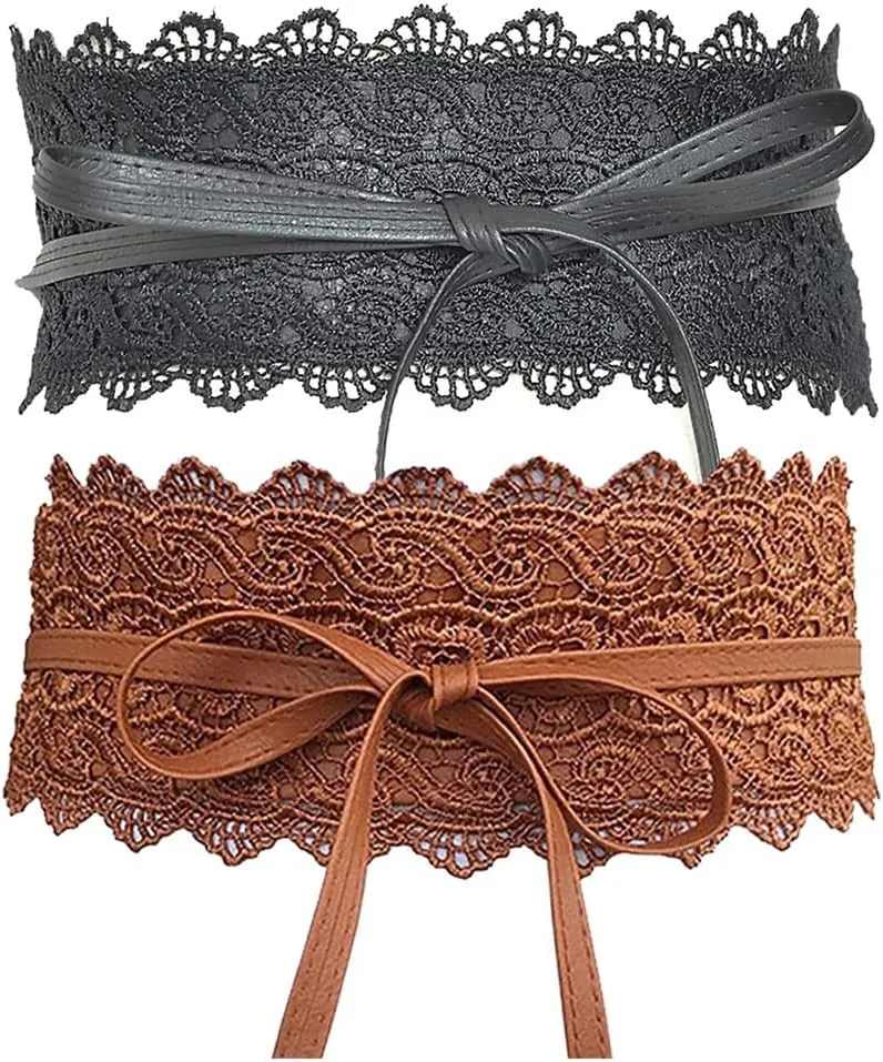 Women's 2 Packs Lace Waist Belt Bow Tie Wrap Around Soft Leather Boho Corset Fashion Elegant for Dresses