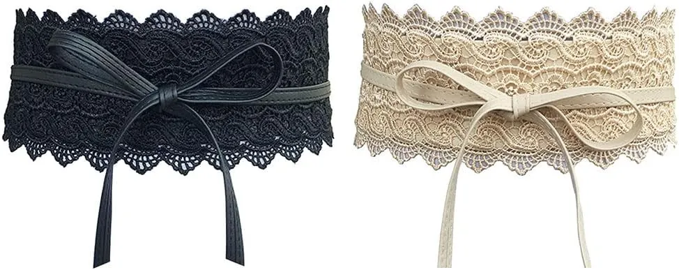 Women's 2 Packs Lace Waist Belt Bow Tie Wrap Around Soft Leather Boho Corset Fashion Elegant for Dresses