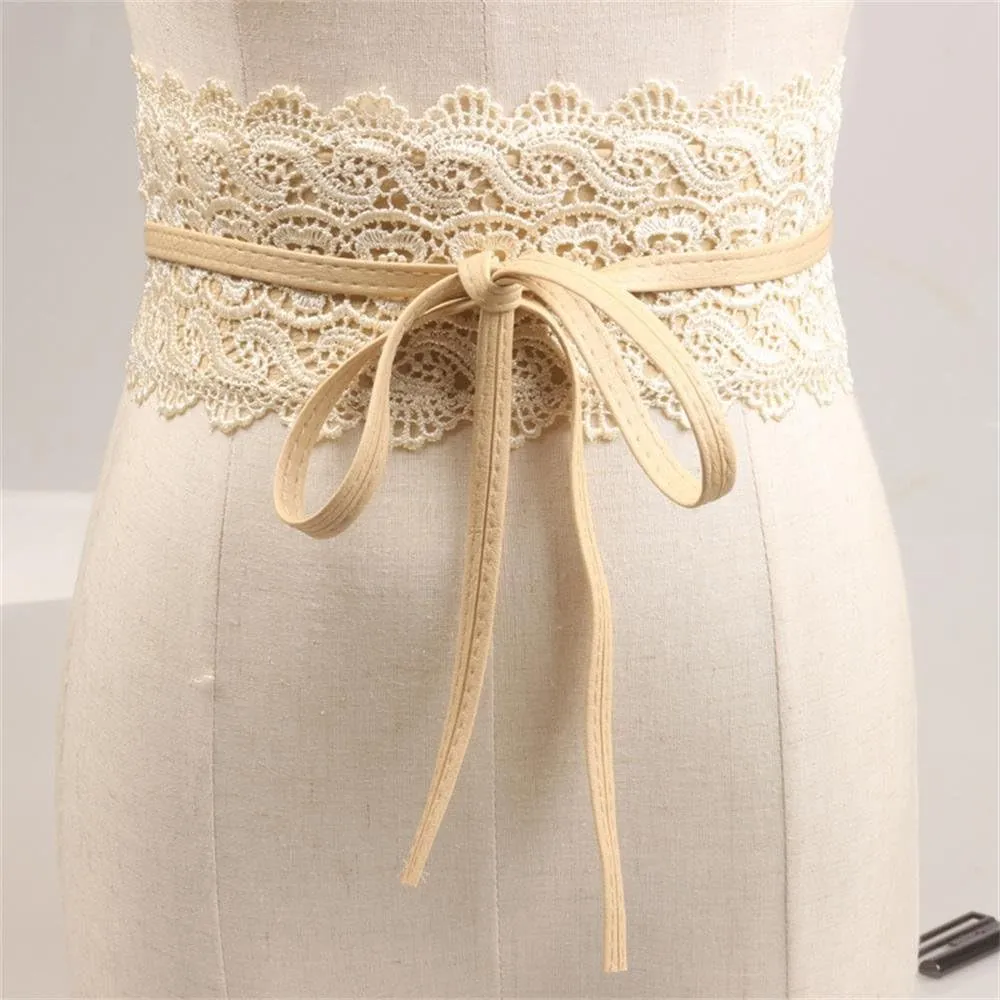 Women's 2 Packs Lace Waist Belt Bow Tie Wrap Around Soft Leather Boho Corset Fashion Elegant for Dresses