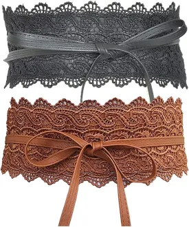 Women's 2 Packs Lace Waist Belt Bow Tie Wrap Around Soft Leather Boho Corset Fashion Elegant for Dresses