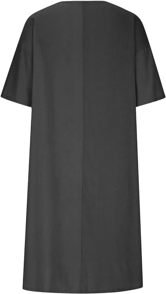 Womens Cotton Linen Midi Dress Summer Beach Casual Dresses V Neck Shift Dress Loose Fit Trapeze Dress