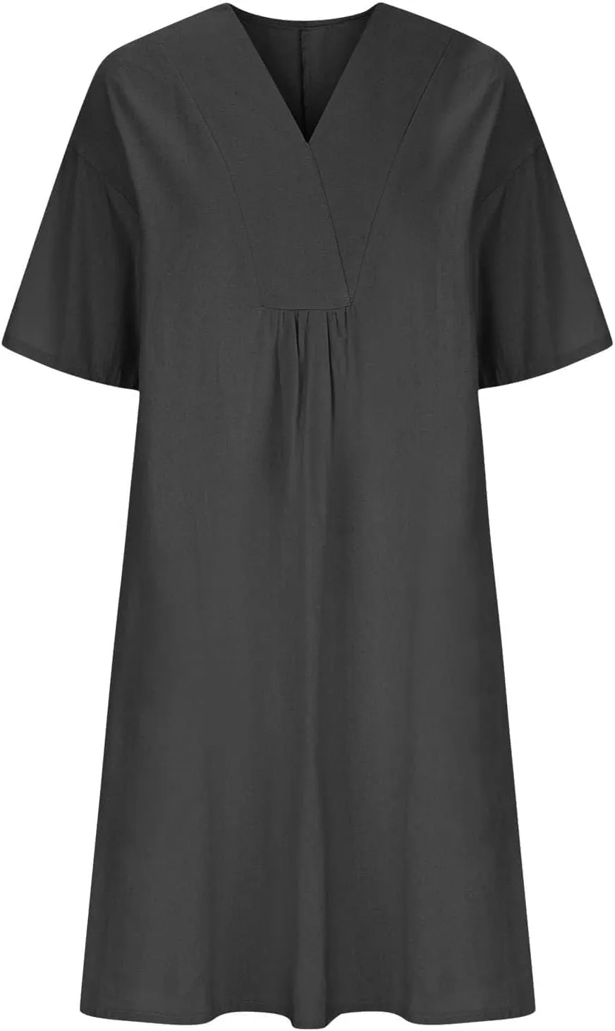 Womens Cotton Linen Midi Dress Summer Beach Casual Dresses V Neck Shift Dress Loose Fit Trapeze Dress