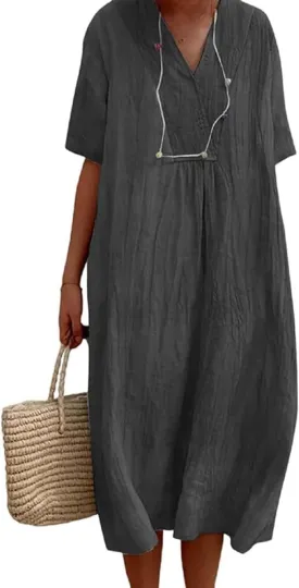 Womens Cotton Linen Midi Dress Summer Beach Casual Dresses V Neck Shift Dress Loose Fit Trapeze Dress